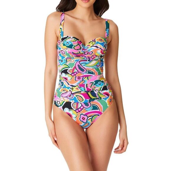 Bleu Rod Beattie Paisley Floral Print Shirred Bandeau One Piece Swimsuit sz 8 - Picture 5 of 16